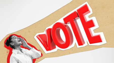 A vibrant banner featuring the word VOTE and a woman enthusiastically encouraging participation, set against a textured backgroundの写真素材
