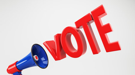 The image features the word VOTE in bold red with a blue megaphone, on a bright background. Concept...