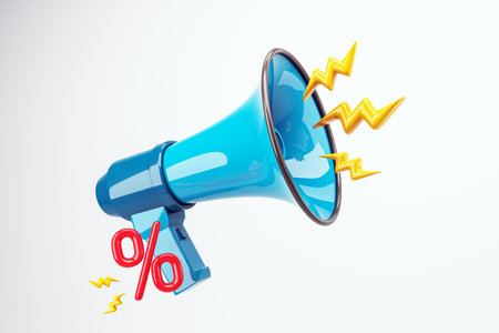 A blue megaphone emphasizing a discount symbol with sound waves. Clean background highlights promotional concept. 3D Renderingの写真素材