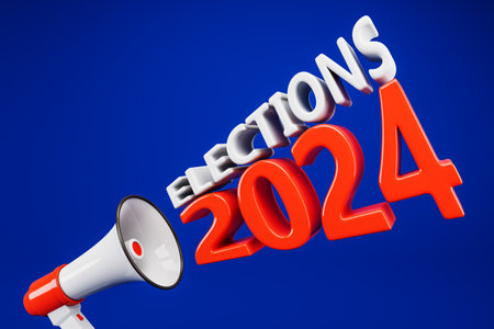 A vibrant 3D rendering of a megaphone and Elections 2024 text on a blue background, symbolizing the upcoming US elections. 3D Renderingの写真素材
