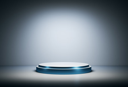 A modern circular podium displayed in an empty gallery with a spotlight focused on it, set against a clean background. 3D Renderingの写真素材