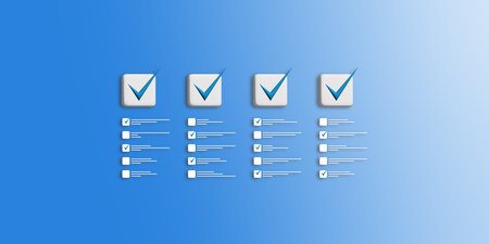 Creative four to do lists with checkmarks on blue background. Quality Control, Goal achievement and business success concept, task completion. 3D Renderingの写真素材