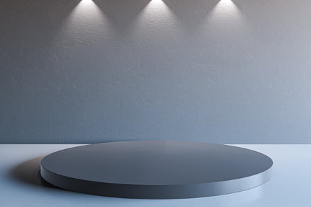 Contemporary concrete exhibition room interior with podium, wall lamps and mock up place. 3D Renderingの写真素材