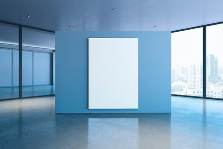 Modern empty spacious concrete office or exhibition hall interior with empty white mock up frame, panoramic windows and city view. 3D Renderingの写真素材