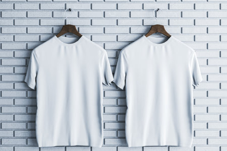 Two empty white t-shirts on brick wall background. Mock up place, advertisement concept. 3D Renderingの写真素材