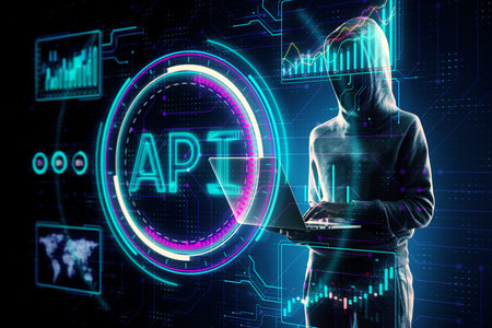 Person using laptop with creative API hologram on blurry background. Application Programming...