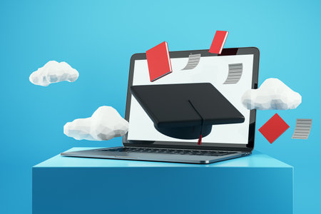 Creative educational banner with mortarboard, laptop and clouds on blue background. Knowledge, success, online learning concept. 3D Renderingの写真素材