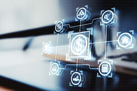 Financial icons with a dollar sign in the center, displayed over a blurred background, representing digital business network and technology conceptの写真素材