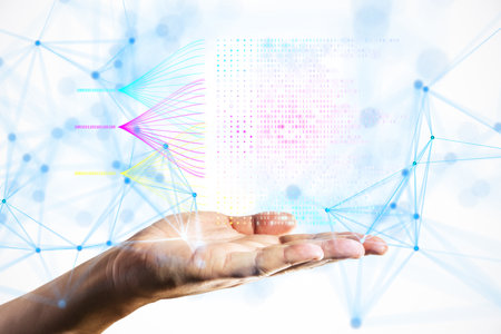 Hand showing a digital data flow with binary codes and a network link structure. Abstract tech...