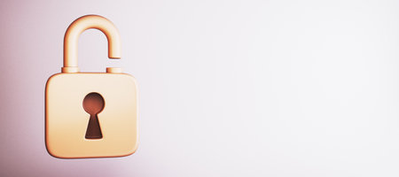 A single unlocked padlock symbol on a clean light background, representing security concepts. Ideal for business and technology designs. 3D Renderingの写真素材