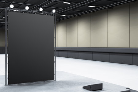 Blank press wall setup in an exhibition hall with spotlights. Modern interior background, isolated...