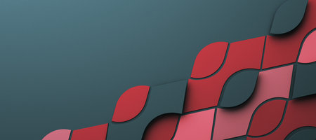 A modern design featuring geometric red shapes on a black background, with clean lines and empty space for copy. 3D Renderingの写真素材