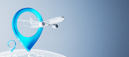 An airplane flying through a geolocation pin icon over a globe with a digital mesh on a blue gradient background. Concept of global travel. 3D renderingの写真素材