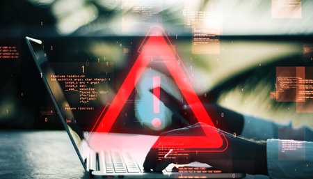 Close up of male hands using cellphone and laptop with glowing red attention sign on blurry outdoor background. Important notice and alert conceptの写真素材