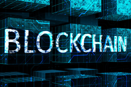 Cryptocurrency, digital business and blockchain concept with sign huge digital cubes with circuit...