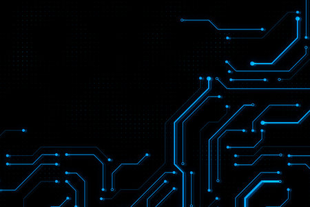 Abstract dark empty background with digital blue microchip circuit and space for advertising banner...