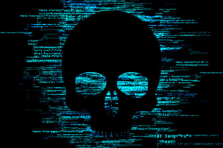 Black skull symbol on dark background with blue binary programming code, cybercrime, hacking and network ddos concept. 3D renderingの写真素材