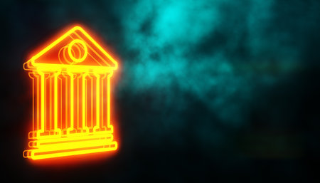 A glowing orange banking symbol on a dark background with smoke, showcasing modern digital art. 3D Renderingの写真素材