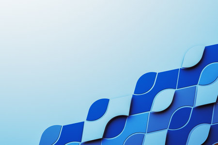 A modern blue geometric pattern with layered shapes on a light backdrop, creating a clean and...
