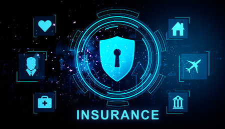 Insurance protection symbol with digital icons on a secure screen background, representing safety and technology concepts. 3D Renderingの写真素材