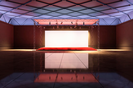 Empty stage with lighting truss in a modern hall. Reflective floor enhances the design. Concept of corporate presentation space. 3D Renderingの写真素材