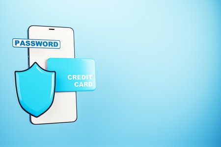 Smartphone with credit card and shield icons on blue background, symbolizing digital security and mobile banking protection. 3D Renderingの写真素材