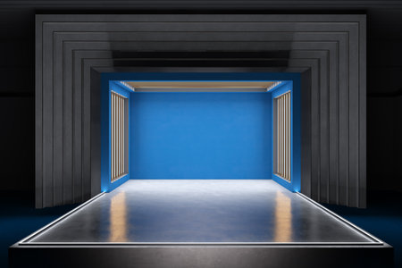 Creative blue theater stage design with empty mock up place. Performance and act concept. 3D Renderingの写真素材