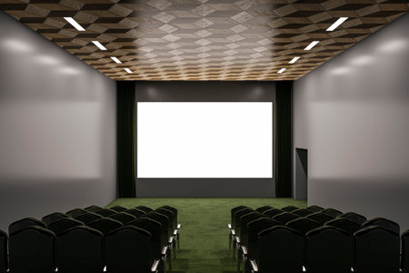 Modern green carpet cinema hall with empty white mock up place on screen. 3D Renderingの写真素材