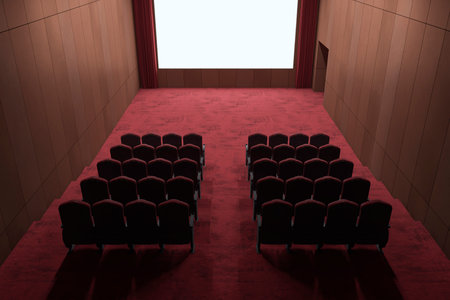 Modern red carpet wooden cinema hall with empty white mock up place on screen. 3D Renderingの写真素材