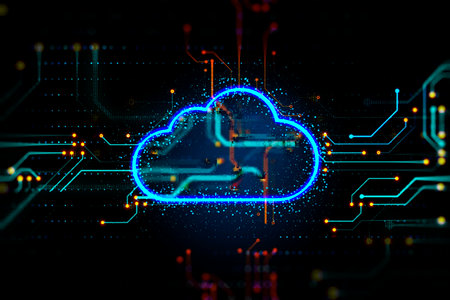 Data storage and cloud computing concept with digital glowing blue cloud symbol with microcircuit on dark background. 3D renderingの写真素材