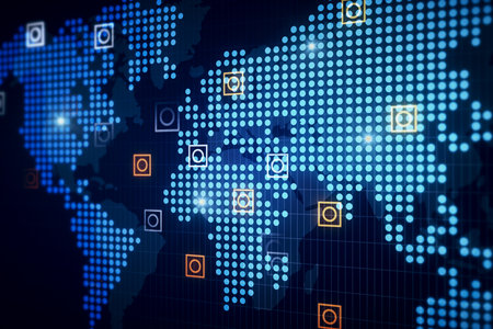Perspective view on glowing digital world map with bright circles in squares on dark blue...
