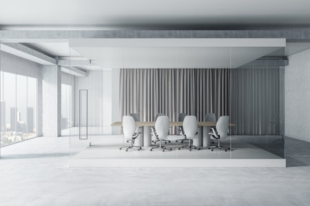 Front view on modern meeting room interior design with glass walls, wooden table surrounded by white chairs in spacious office hall with concrete floor and city view from big windows. 3D renderingの写真素材