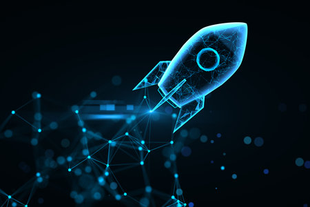 Startup business and launch project concept with digital glowing blue rocket on dark background with...