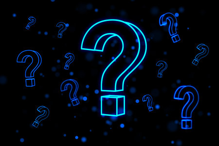 Abstract dark background with digital neon light question mark. 3D rendering
