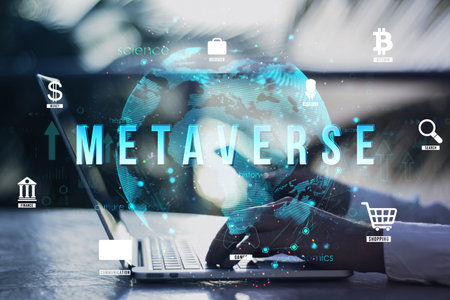 Holographic icons representing metaverse concepts over a globe and a laptop. Blurred background. Concept of virtual reality and communicationの写真素材