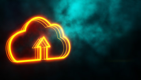A glowing cloud storage icon with upload arrows on a dark abstract background. Concept of online...