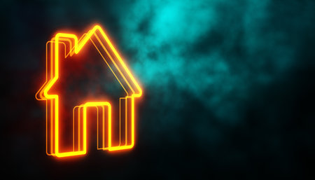 A glowing house icon in neon orange, set against a dark abstract background with smoke, symbolizing modern real estate. 3D Renderingの写真素材