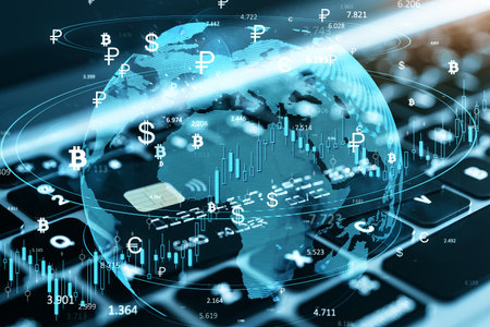A digital world map with currency symbols and financial charts overlays a keyboard. Blue tones...