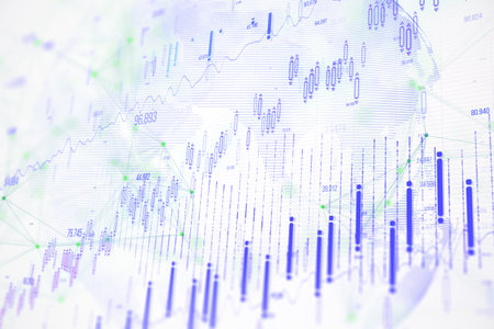 Abstract financial chart with candlestick and line graphs on a light white background. Concept of...