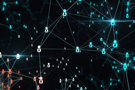 Social network connection concept with bright illuminated digital user icons connected by lines on...