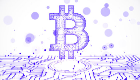 Bitcoin symbol with circuit-like patterns and abstract dots, on a light and white background. Concept of cryptocurrency and digital technology. 3D Renderingの写真素材
