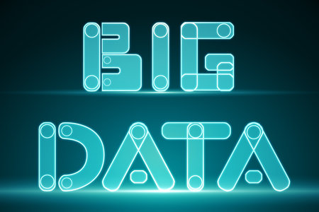 Information analytics concept with bright blue digital graphic big data words on abstract dark background. 3D renderingの写真素材