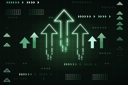 Innovative technologies and business development concept with bright and green digital graphic arrows up on abstract dark background. 3D renderingの写真素材
