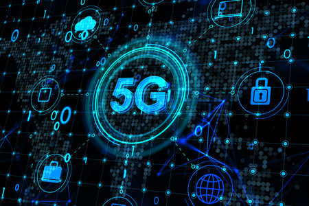 Internet of things, hi speed internet connection and innovation concept with digital 5g sign...