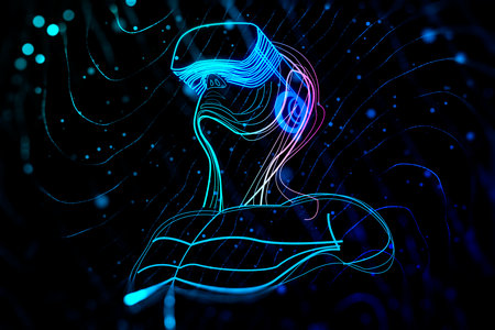 Abstract virtual life concept with digital human using vr headset on dark background. 3D rendering
