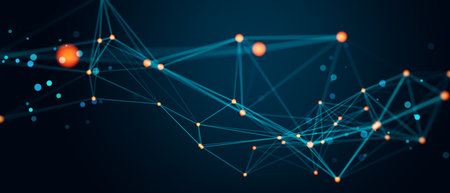 Abstract network of glowing blue and orange lines and nodes connected, on a dark background. Concept of digital technology and connections. 3D Renderingの写真素材