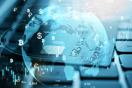 Digital symbols and charts overlayed on a world map with a blue hue, illustrating global currency exchange and financial technology trendsの写真素材