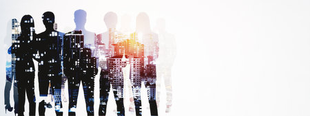 Silhouettes of a group of businesspeople overlaid with a cityscape on a light background,...
