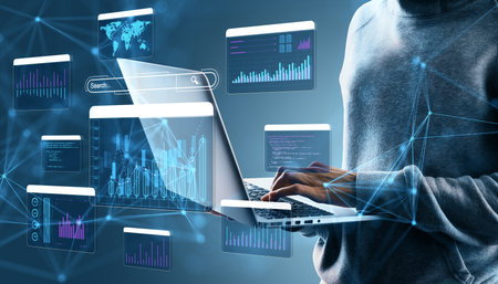 Person typing on a laptop, surrounded by holographic charts, graphs, and data elements. Futuristic...