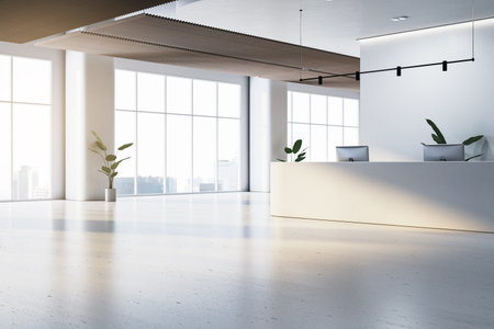 Empty modern office reception area with a minimalist desk, two computers, and plants. Large windows with city view. Concept of business. 3D Renderingの写真素材